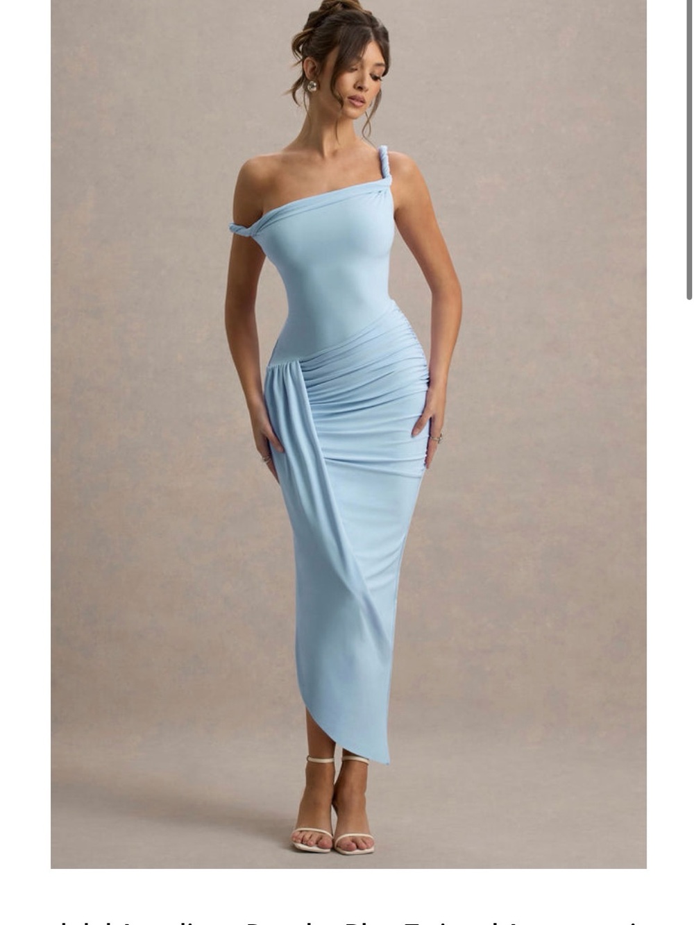 Asymmetric One-Shoulder Light Blue Ruched Midi Dress